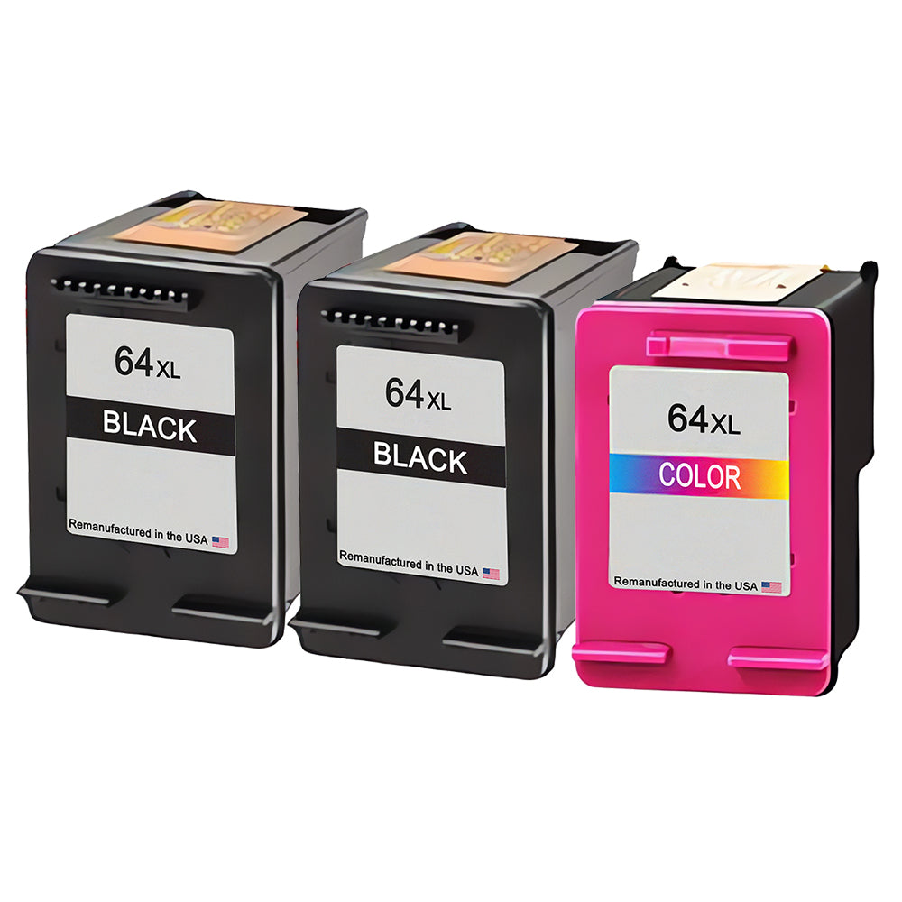 U.S. Remanufactured for HP 64XL 2 Black / 1 Tri-Color 3-Pack Ink Cartridges